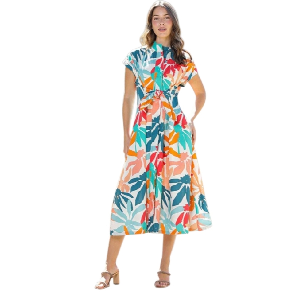 AP.NY Tropical Floral Midi Shirt Dress with Tie Waist - Multicolor - Picture 9 of 14